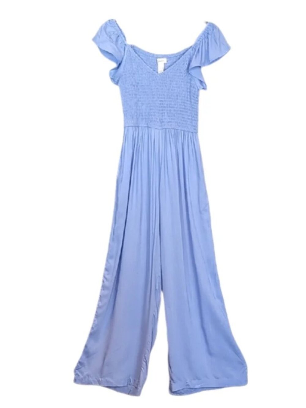 Japna Blue Smocked Wide Leg Jumpsuit Size XS Flutter Sleeve Boho Cottagecore